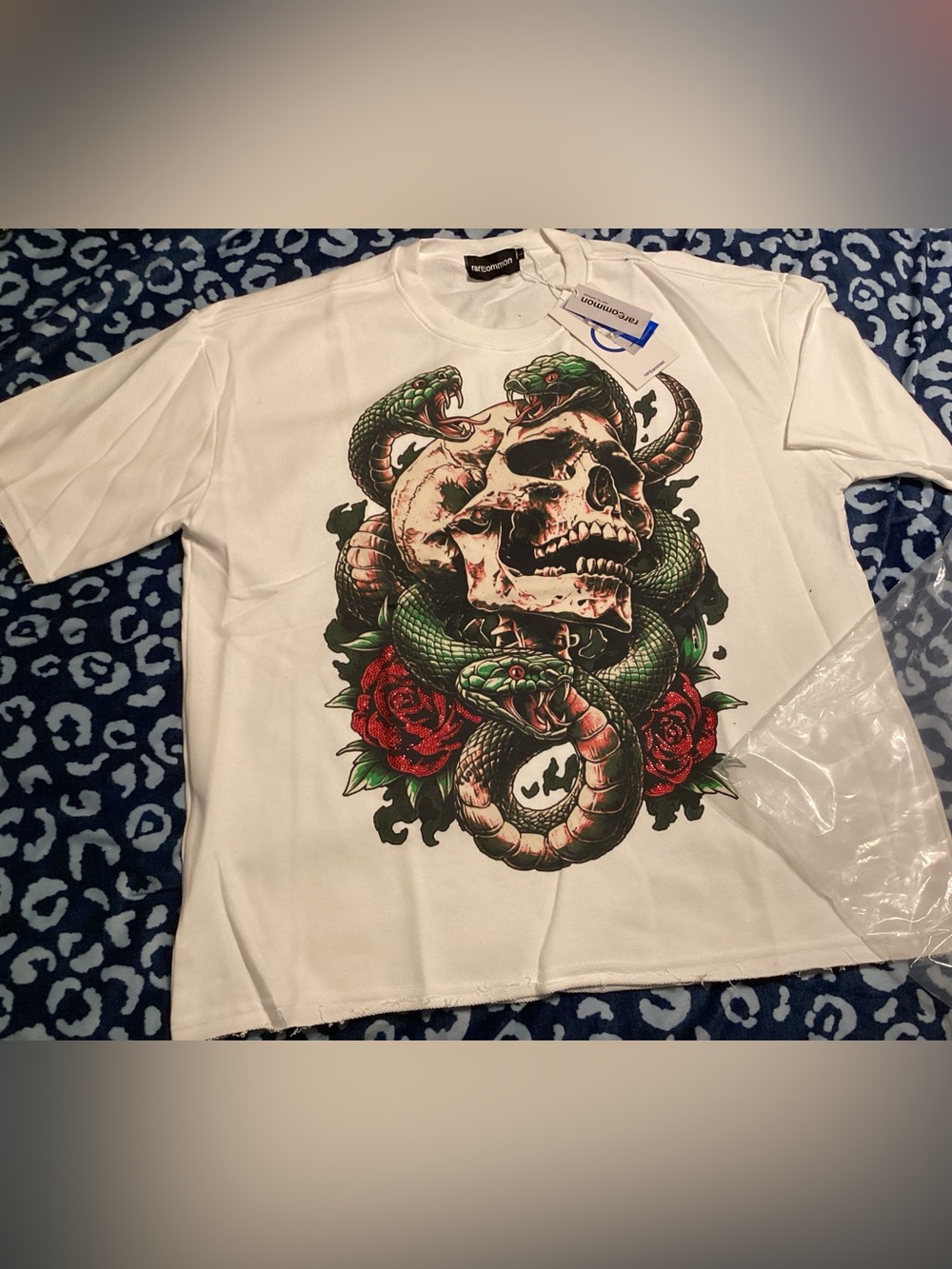 White Skull & Snake Graphic Tee with Red Rose Detail - Men